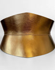 Aria Margo Test gold Italian leather corset belt with an hourglass silhouette and metallic finish.