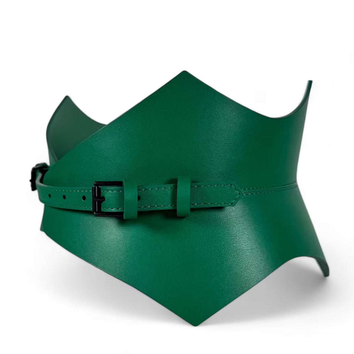 Aria Margo green Italian leather corset belt with a pointed silhouette and black buckle detail.
