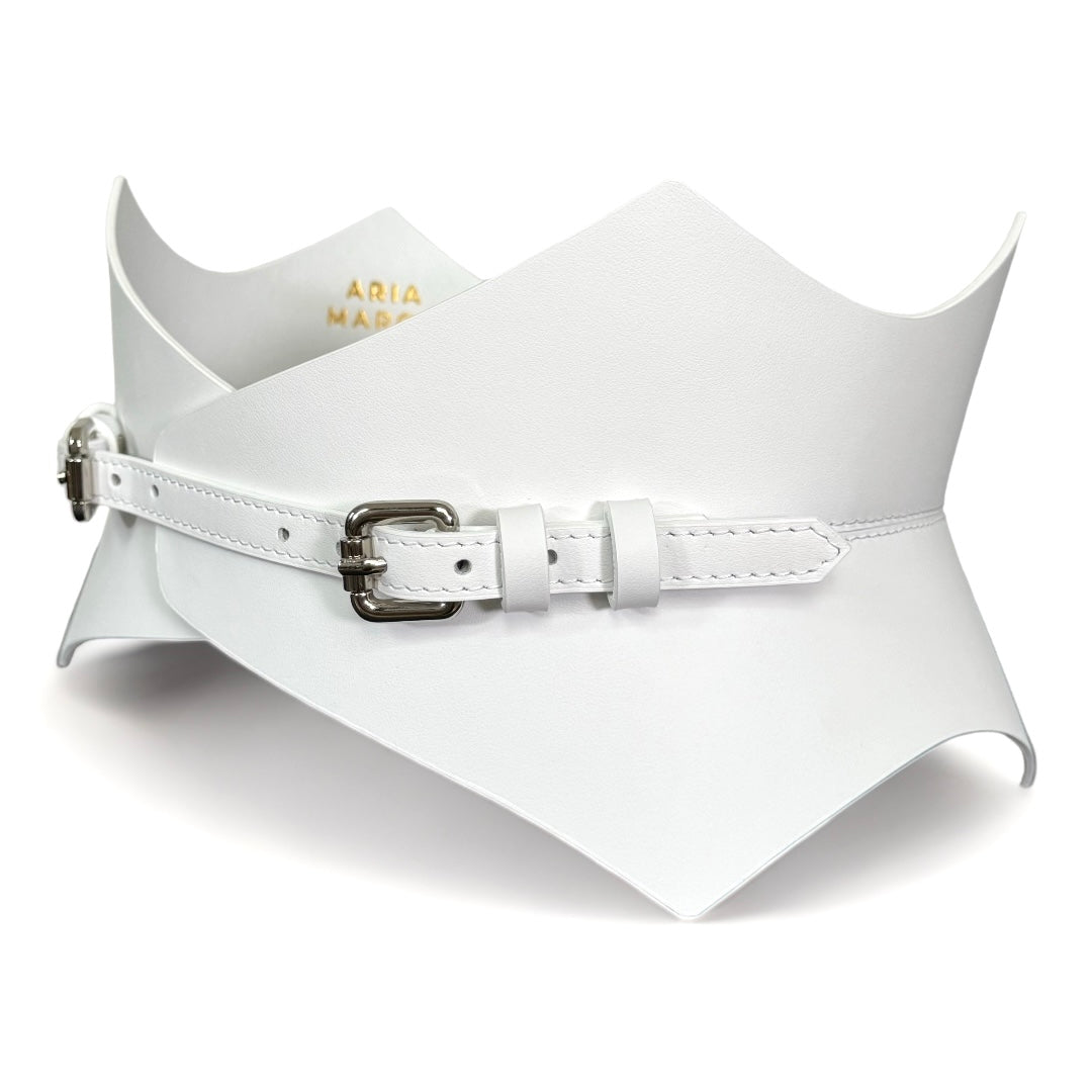 Aria Margo white Italian leather corset belt with a pointed silhouette and silver buckle detail.