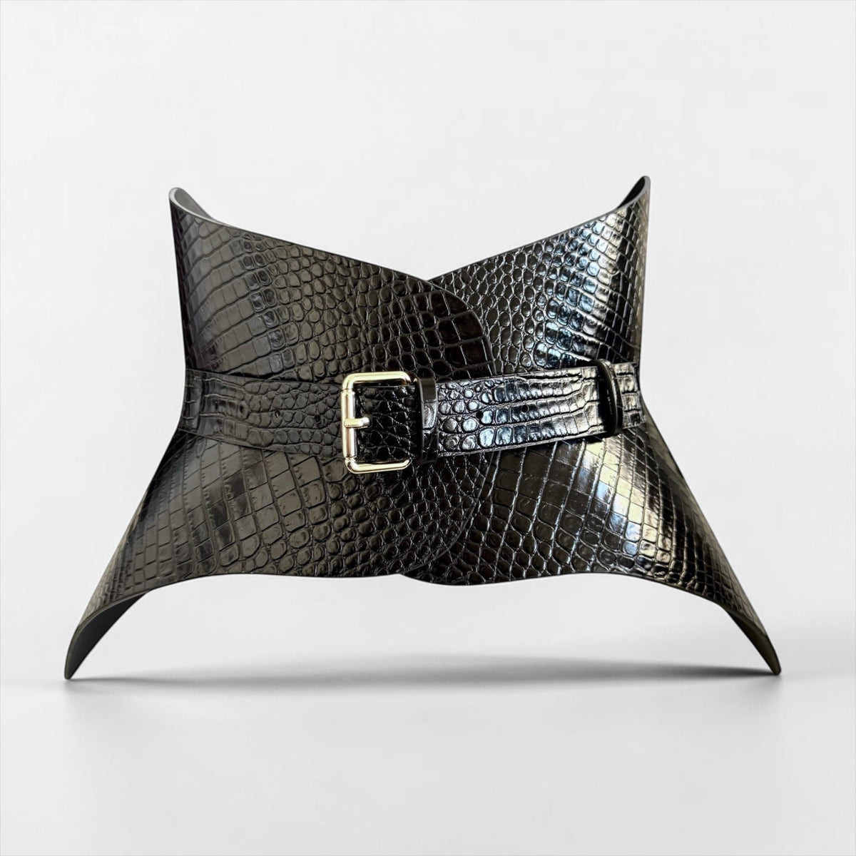 Aria Margo black croc-embossed Italian leather corset belt with a single buckle for a feminine silhouette.
