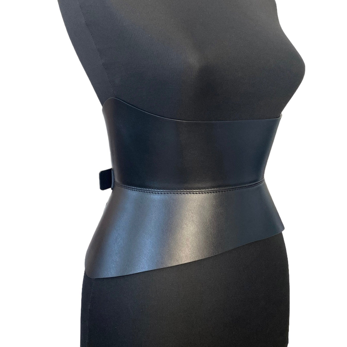 Aria Margo black Italian leather corset belt with an hourglass silhouette shown on a mannequin