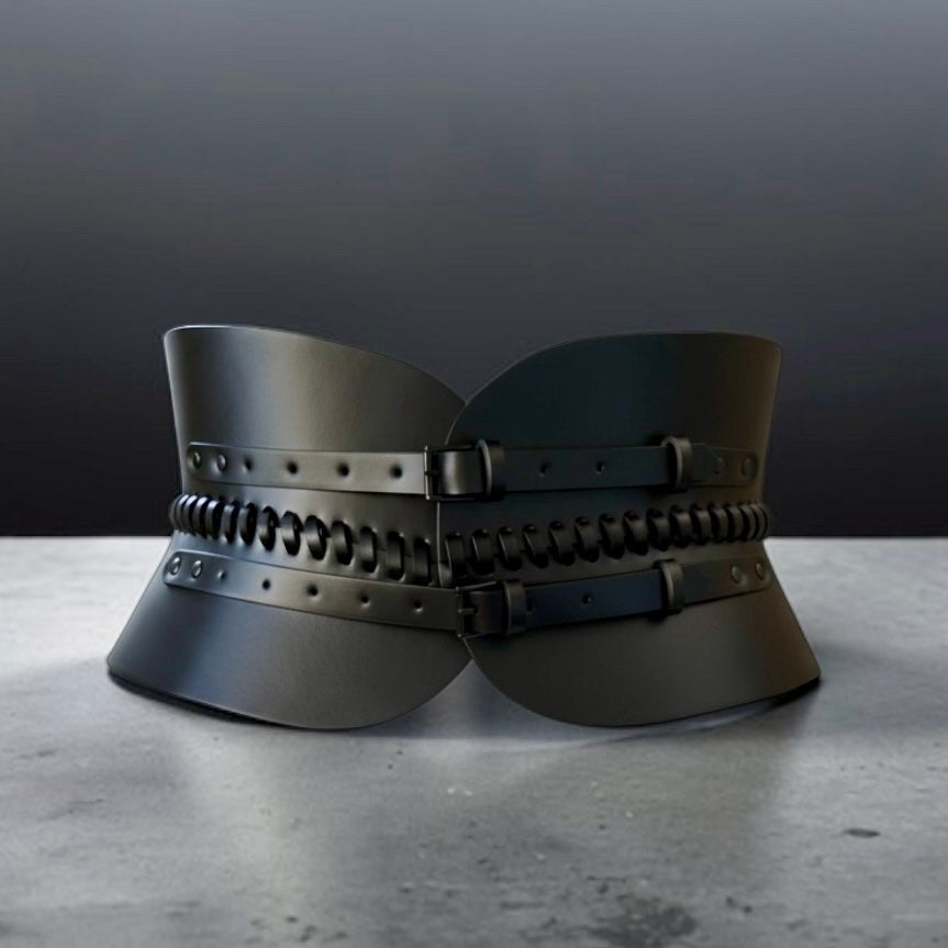Aria Margo black leather corset belt with V-cut design, central leather lacing, and two adjustable buckles.