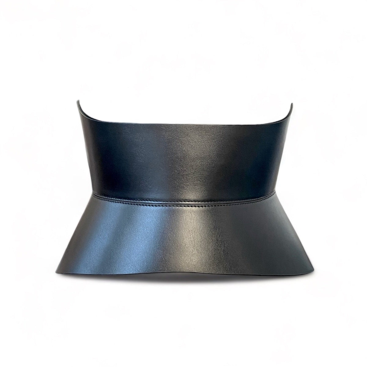 Aria Margo black Italian leather corset belt with a structured hourglass silhouette for waist definition.