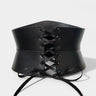 Aria Margo black Italian leather corset belt with an hourglass silhouette and satin lace-up front closure.