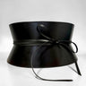 Aria Margo wide black Italian leather corset belt with a structured hourglass shape and delicate cord lacing.