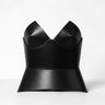 Aria Margo black leather corset with a structured round bust and flared waist silhouette on a white background.