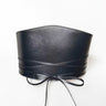 Aria Margo black Italian leather under-bust belt with a wrap-around cord tie and minimalist silhouette.