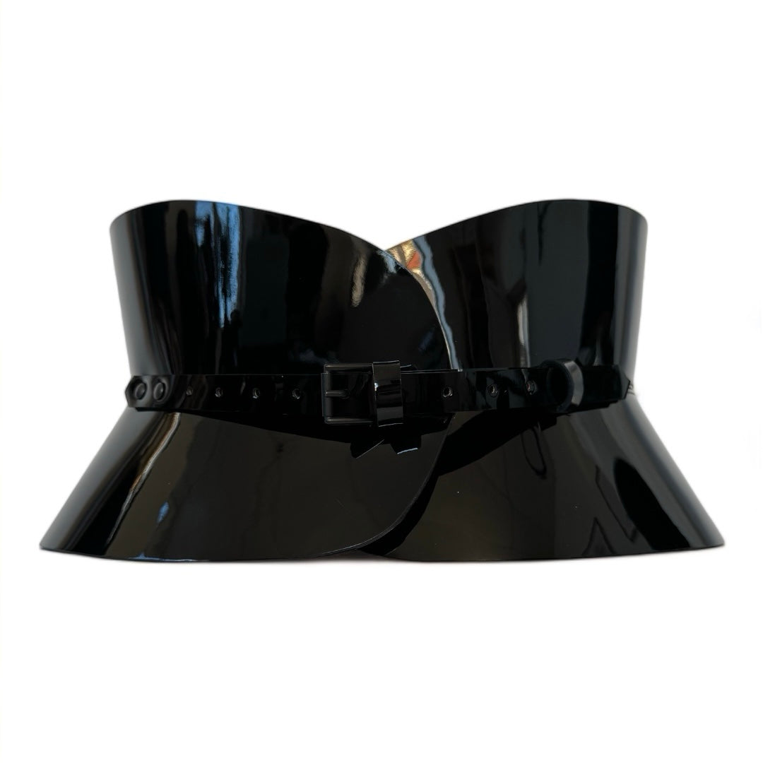 Aria Margo black patent leather hourglass corset belt with a high-shine finish and a slim buckle.