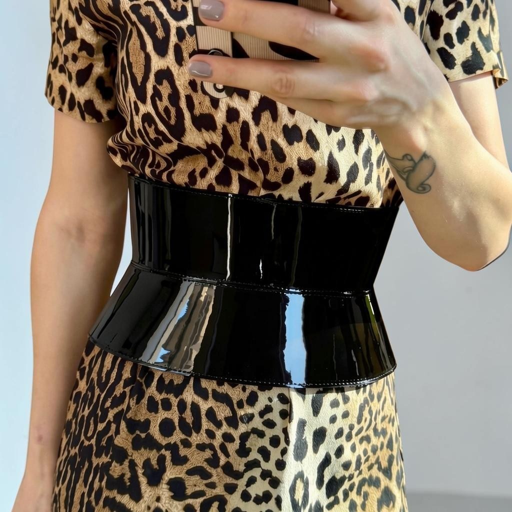 Aria Margo wide black patent leather corset belt worn over a leopard print dress to define the waistline.