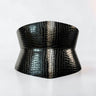 Aria Margo black patent croc-embossed leather corset belt with an hourglass silhouette and glossy finish.