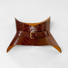 Aria Margo brown croc-embossed Italian leather corset belt with a gold buckle and structured waist-shaping design.