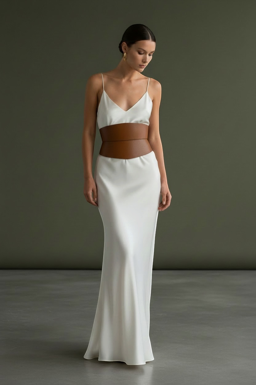 Aria Margo brown leather mini corset belt worn over a white silk slip dress, featuring gold-tone buckles.