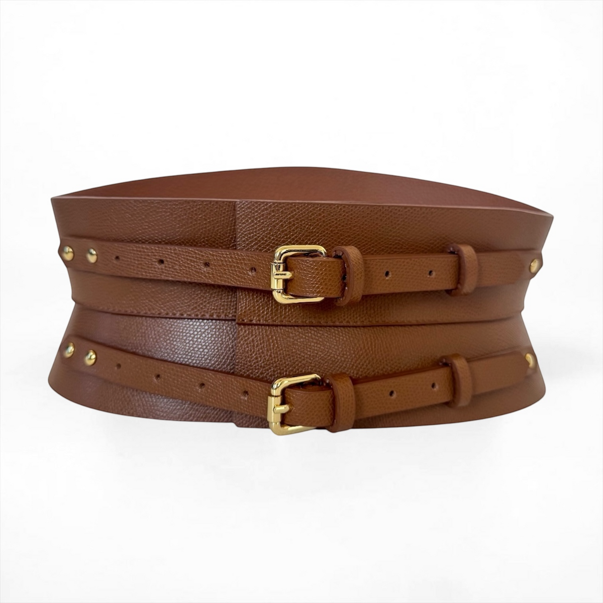 Aria Margo brown Italian leather mini corset belt with two gold-tone buckles and a curved silhouette.
