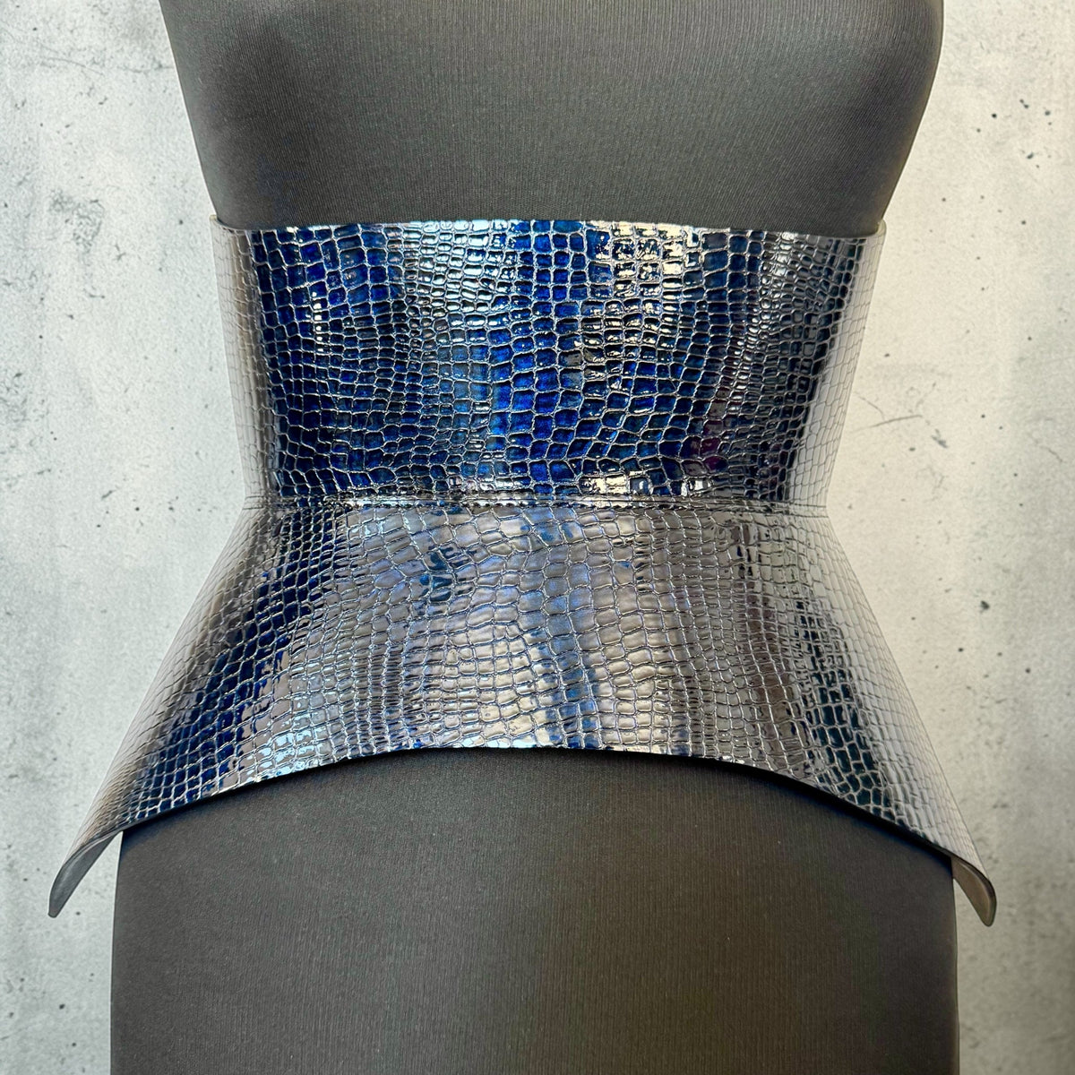 Aria Margo dark blue croc-embossed Italian leather corset belt with a structured waist-cinching design.