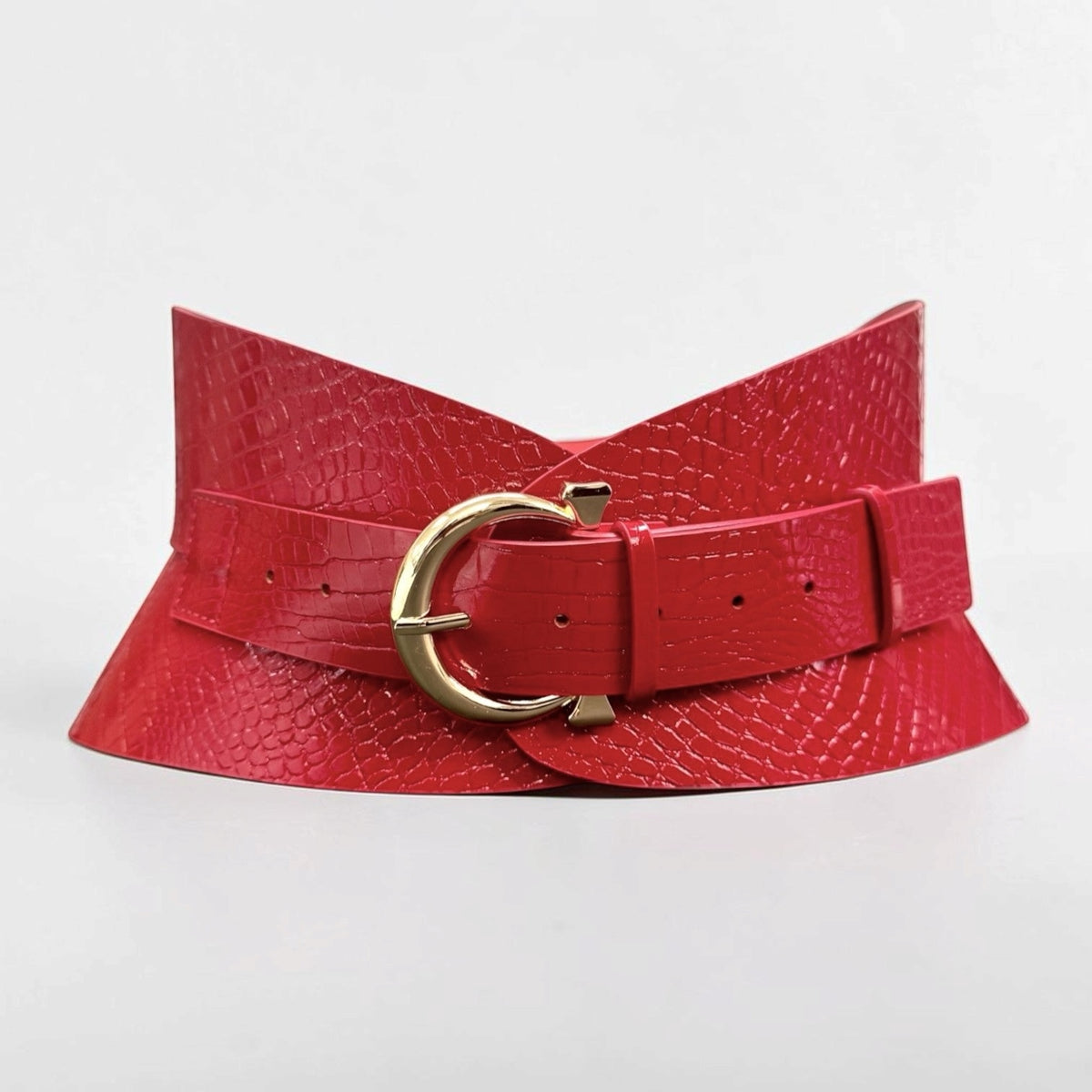 Aria Margo red croc-embossed leather corset belt with an hourglass silhouette and a gold-tone buckle.