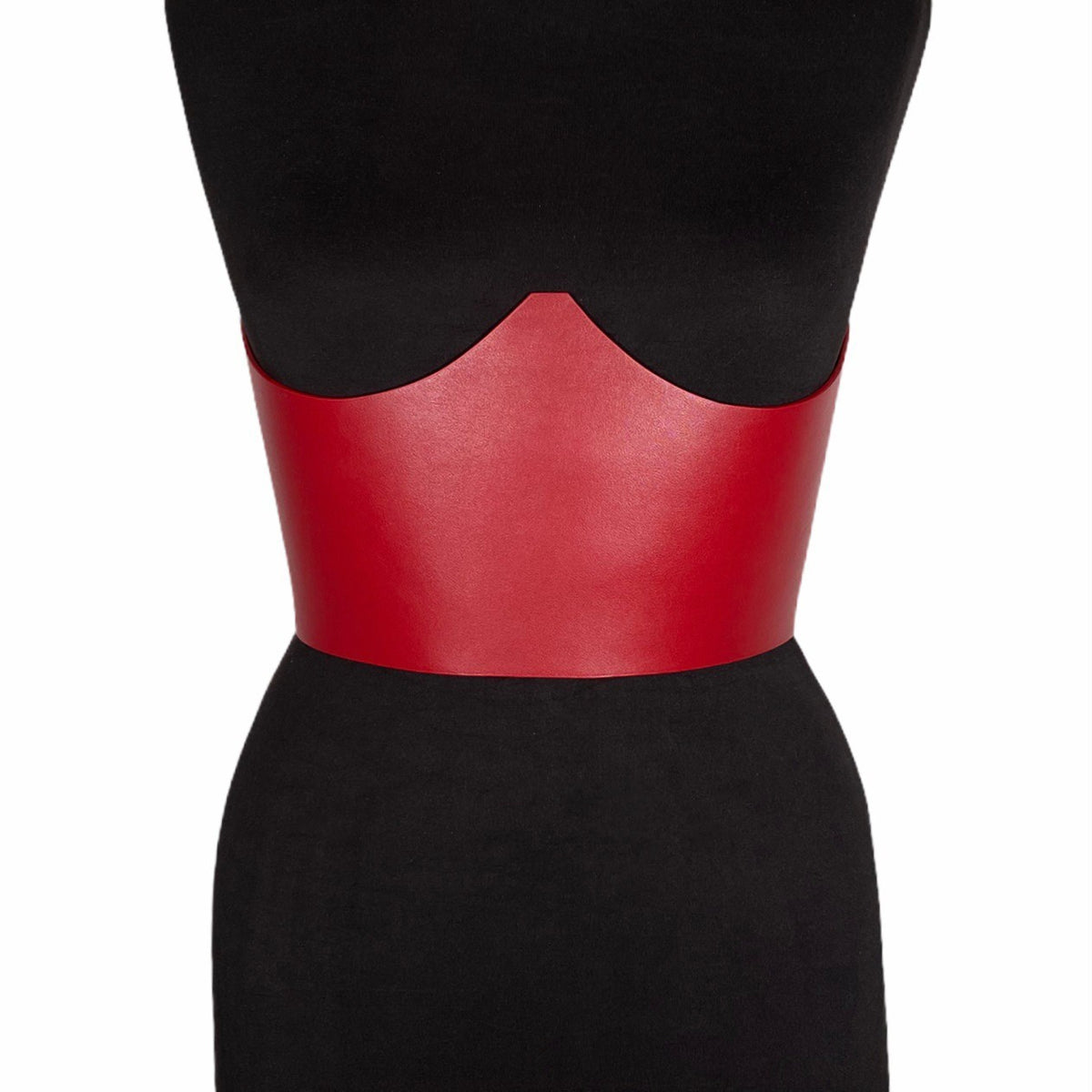 Aria Margo red Italian leather under-bust belt with a sculpted crown design on a black mannequin torso.