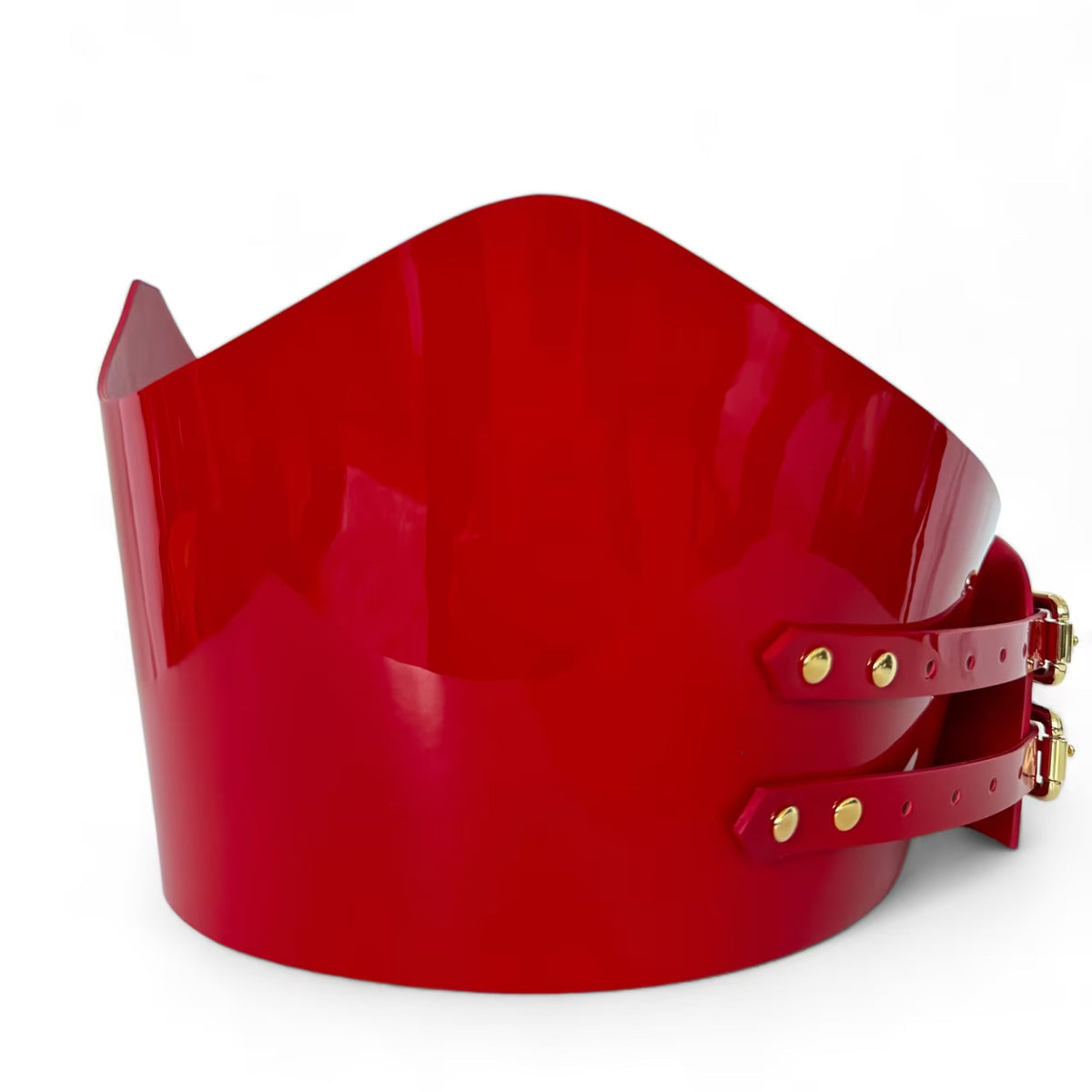 Aria Margo red patent leather under-bust belt with a high-shine finish and two adjustable gold-tone buckles.