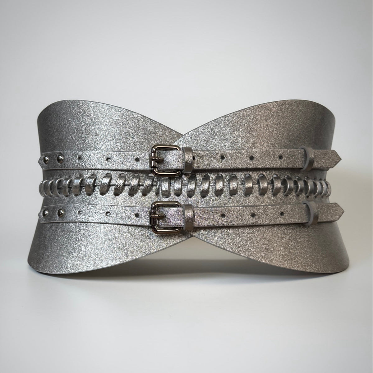Aria Margo silver metallic leather corset belt with hand-laced detailing and two adjustable front buckles.