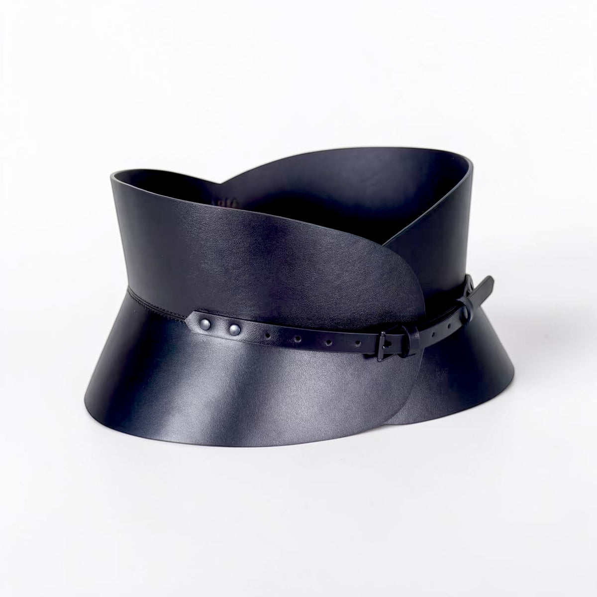 Aria Margo Test black Italian leather hourglass corset belt with a slim buckle, designed for a structured waist fit.
