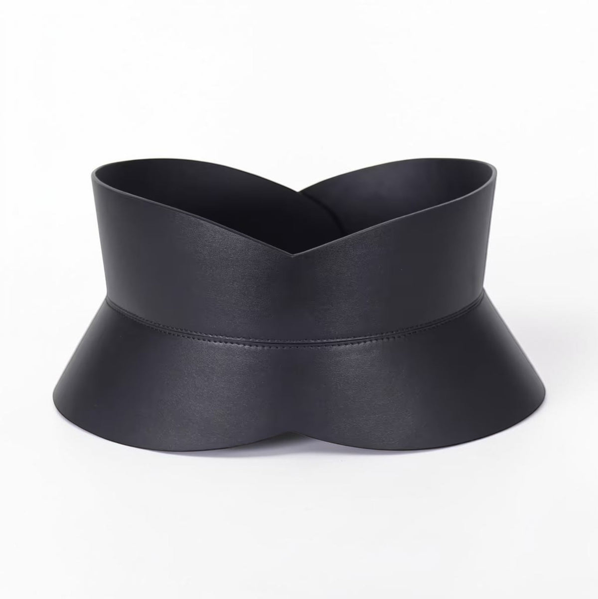 Aria Margo Test black leather hourglass corset belt with a structured waist-defining silhouette and smooth finish.