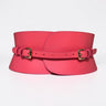 Aria Margo Test coral pink Italian leather corset belt with gold buckles and adjustable strap design.