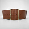 Aria Margo Test wide brown Italian leather belt featuring an oversized gold-tone buckle for a defined waistline.