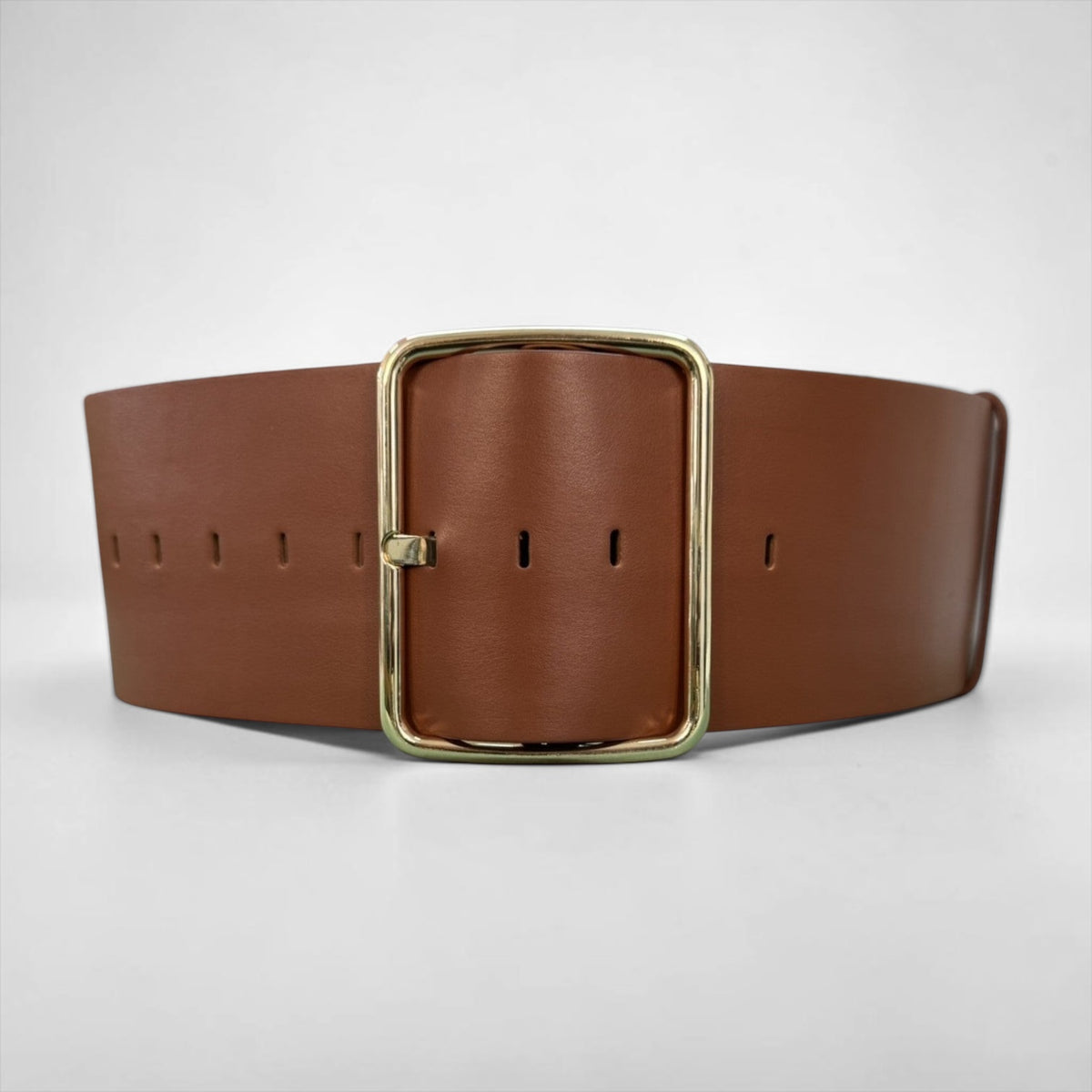 Aria Margo Test wide brown Italian leather belt featuring an oversized gold-tone buckle for a defined waistline.