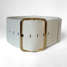 Aria Margo wide white Italian leather belt featuring a large gold-tone buckle for coats and dresses.