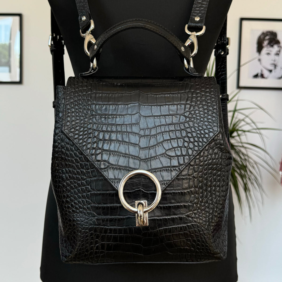 Black Croc Leather Backpack by Aria Margo