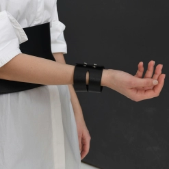 black wide leather bracelet by designer aria margo for women