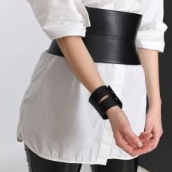 Black Leather Bracelet by ARIA Margo. Designer wide bracelet for women