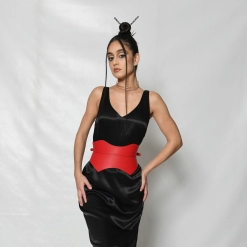 Red Leather Peplum Corset Belt by ARIA Margo. Designer handmade wide belt for hourglass shape figure for women for plus size festival look