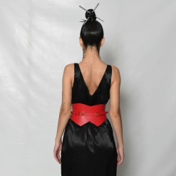 Red Leather Peplum Corset Belt by ARIA Margo. Designer handmade wide belt for hourglass shape figure for women for plus size festival look