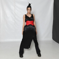 Red Leather Peplum Corset Belt by ARIA Margo. Designer handmade wide belt for hourglass shape figure for women for plus size festival look