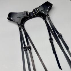 Black Long Studs Straps Leather Belt