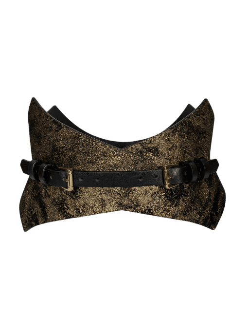 Black and gold Leather Corset Belt by ARIA Margo. Designer wide belt for hourglass shape figure