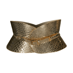 Gold Croc embossed Leather Corset Belt by ARIA Margo. Designer wide belt for hourglass shape figure