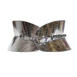 Silver Croc embossed Leather Corset Belt by ARIA Margo. Designer wide belt for hourglass shape figure for women