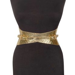 Gold Croc embossed Leather Corset Belt by ARIA Margo. Designer wide belt for hourglass shape figure