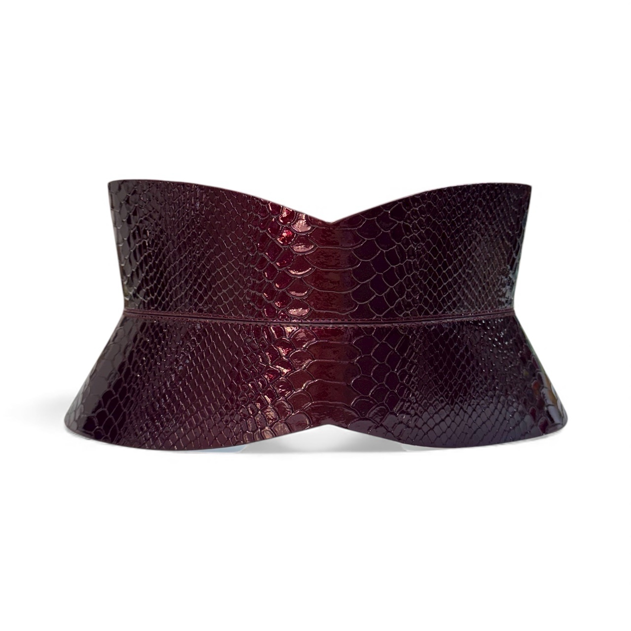 burgundy patemt croco leather corset belt