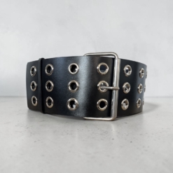 Black Military Silver Eyelets Leather Coat Belt