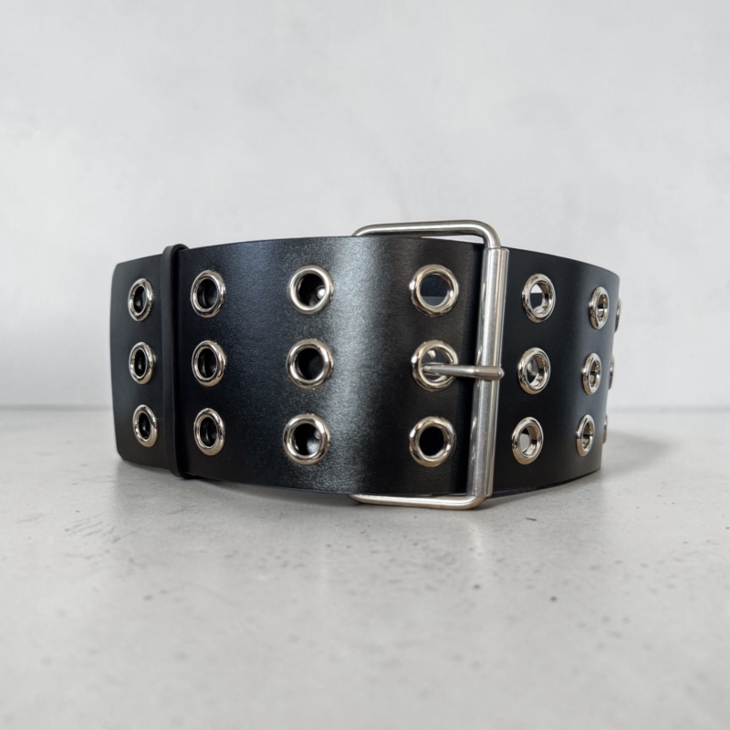 Black Military Silver Eyelets Leather Coat Belt - ARIA MARGO