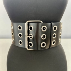 Alternative view of Black Military Silver Eyelets Leather Coat Belt