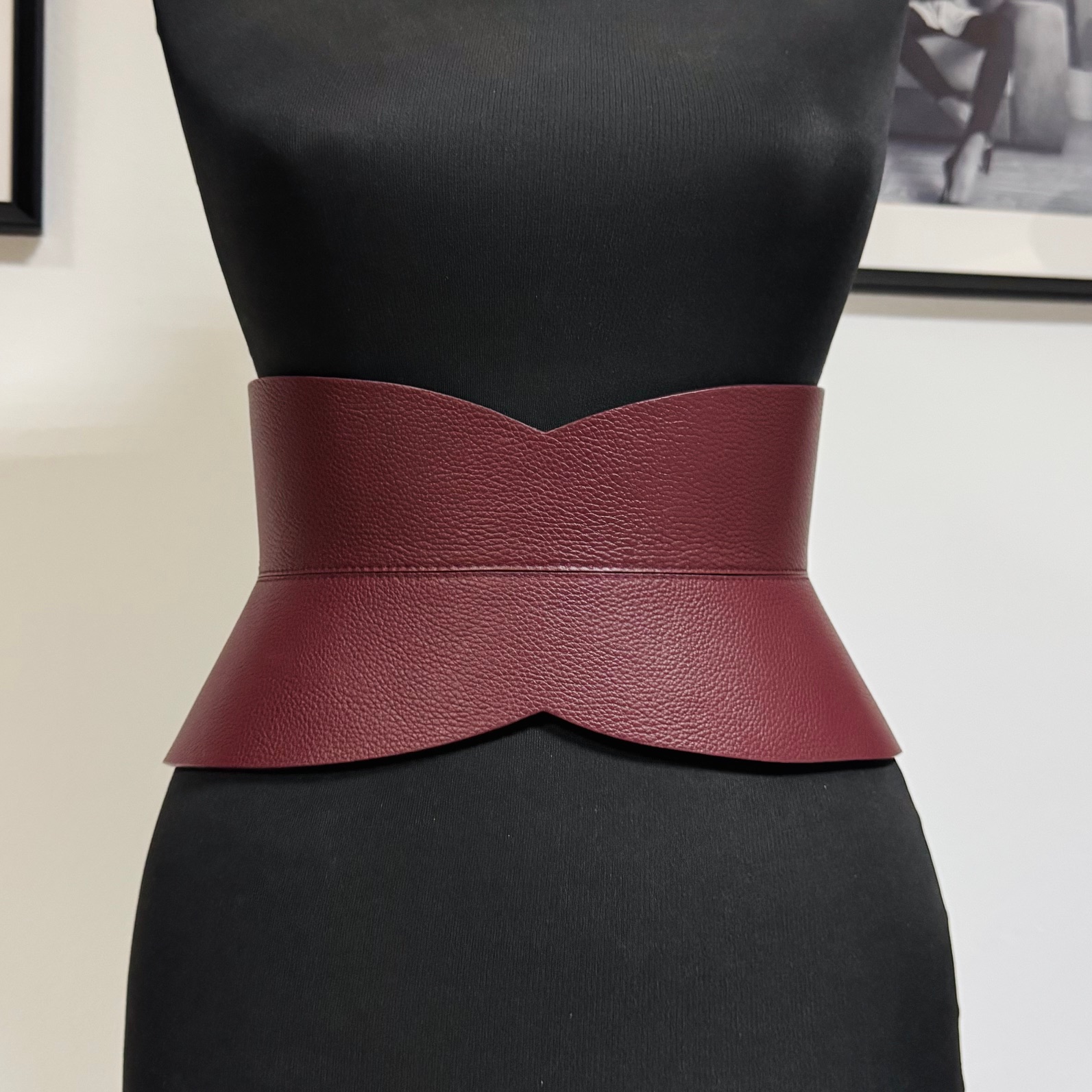 Burgundy textured leather corset belt by Aria Margo 1