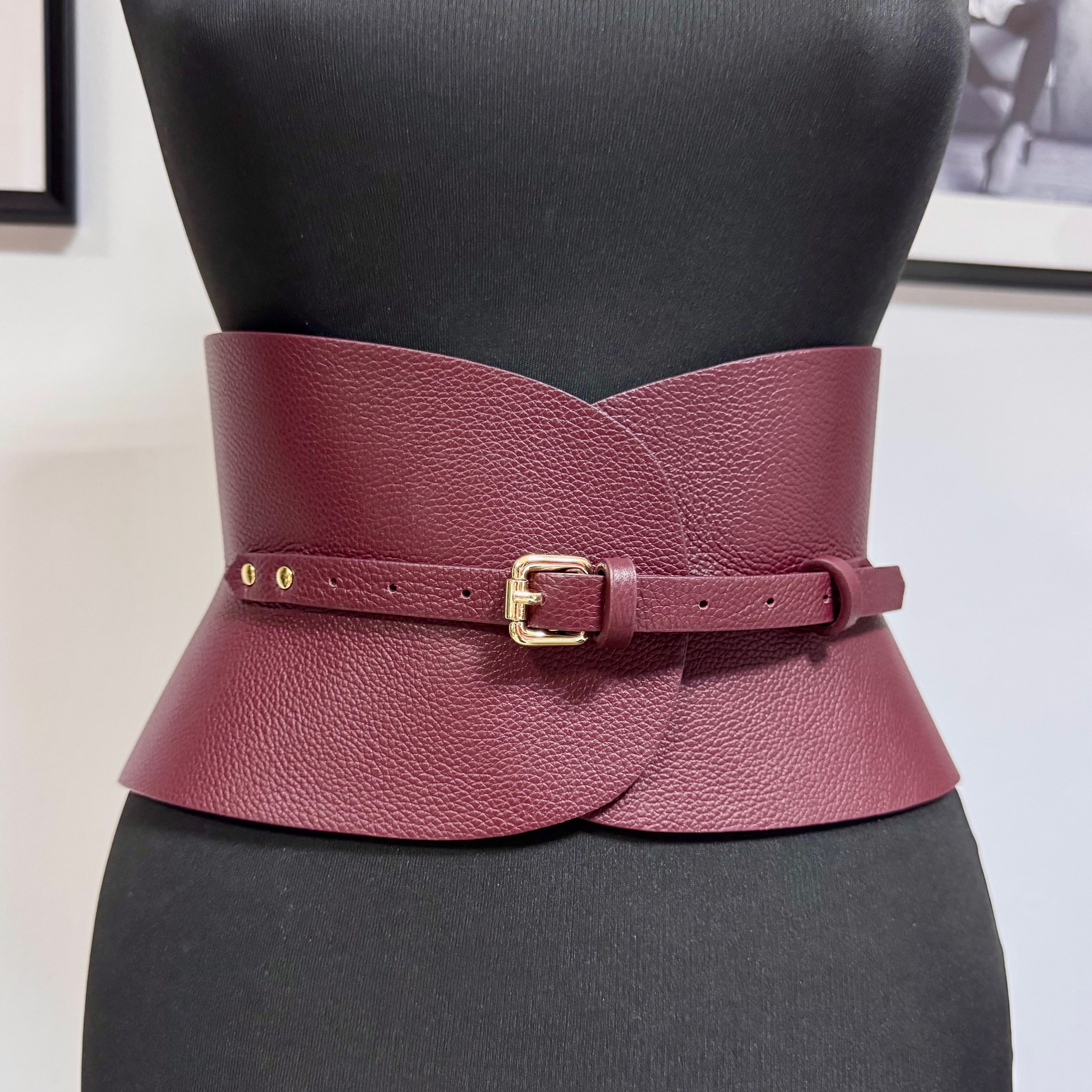 Burgundy textured leather corset belt by Aria Margo