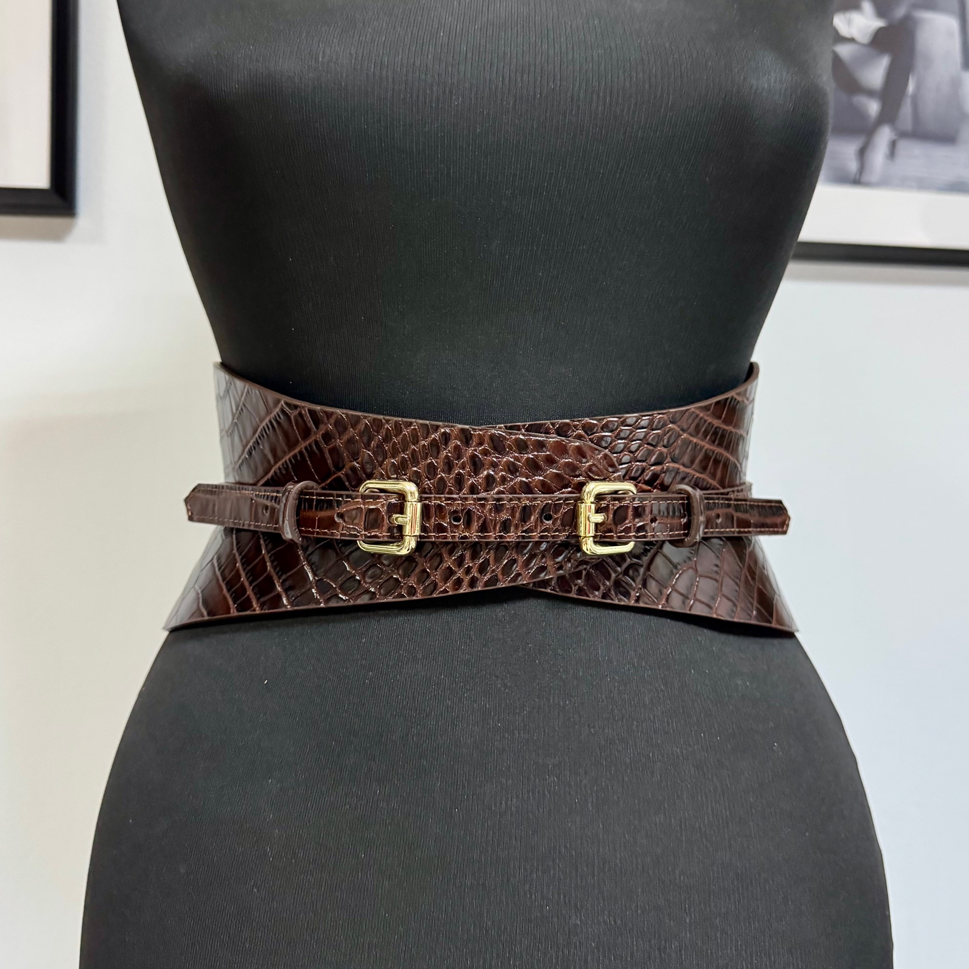 Slim Dark Brown Croco Leather Corset Belt - Sale - XS