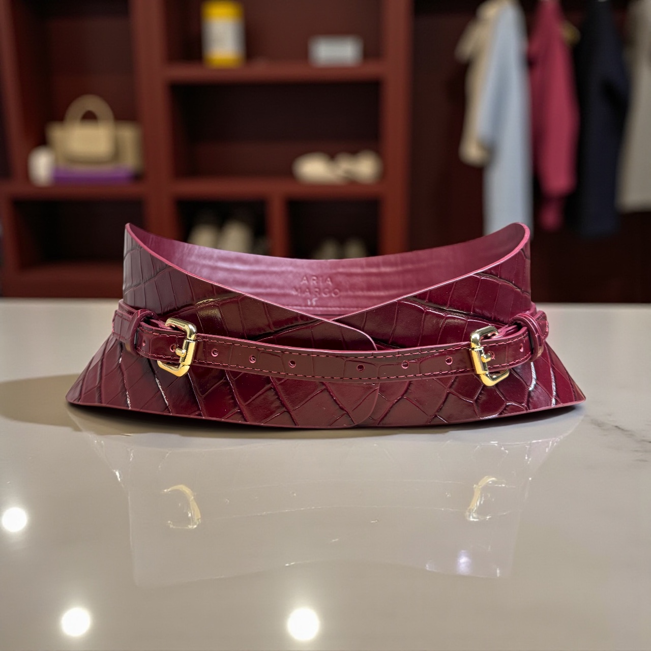 Slim burgundy croco leather corset belt by Aria Margo